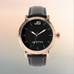 Reloj De Pulsera Monograma y nombre Rosa Oro muñeca de banda negra<br><div class="desc">Este elegante reloj de pulsera de cristal de estilo masculino de rosa dorado elegante está decorado con una banda negra resistente, cara negra y personalizado con monograma y nombre. Puede cambiar fácilmente el monograma y/o el nombre y borrar las marcas de graduación blancas si lo desea. Qué maravilloso regalo para...</div>