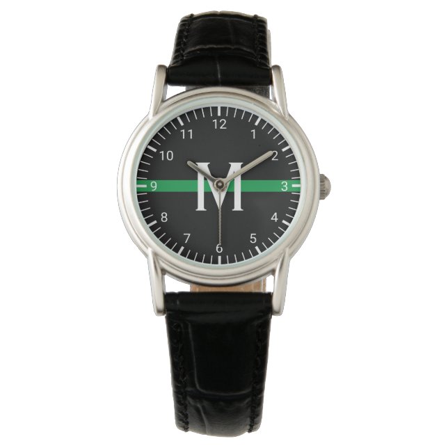 Reloj De Pulsera Monogramación de la delgada línea verde militar (Anverso)
