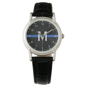 Reloj De Pulsera Monogramado de la Línea Azul delgada de la polic