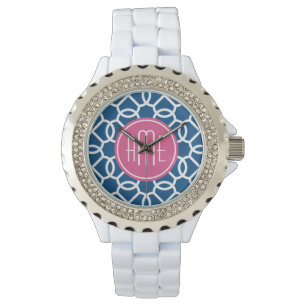 Reloj De Pulsera Monogramas del patrón geométrico rosa y azul calie