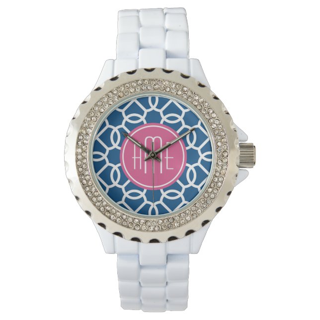 Reloj De Pulsera Monogramas del patrón geométrico rosa y azul calie (Anverso)