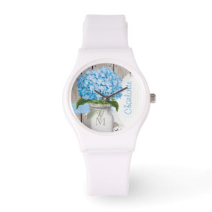 Reloj De Pulsera Monogrammed Mason Jar Blue Hydrangea
