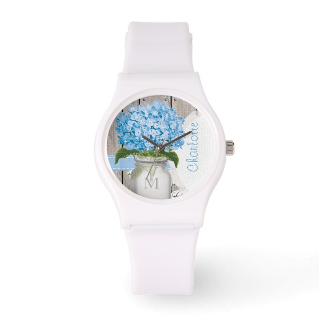 Reloj De Pulsera Monogrammed Mason Jar Blue Hydrangea (Anverso)