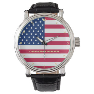 Reloj De Pulsera Monogramo Patriótico Gold Bandera USA Classic Men