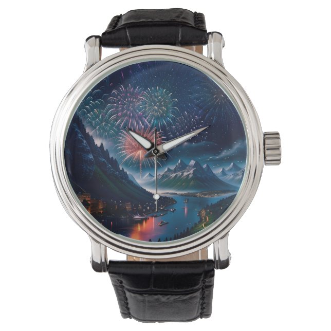 Reloj De Pulsera Montaña Twilight con fuegos artificiales (Anverso)