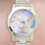 Reloj De Pulsera Morado acuarela Abstract Girly Luxury Monograma<br><div class="desc">Personaliza fácilmente este estilo glamoroso de pintura de acuarela lila abstracta y el fondo falso de pulverización dorada con tus detalles personalizados.</div>