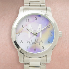 Reloj De Pulsera Morado acuarela Abstract Girly Luxury Monograma