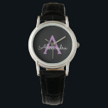 Reloj De Pulsera Morado Black Script Girly Monograma Nombre<br><div class="desc">Reloj de nombres de monograma de escritura simple negro y púrpura. Esto hace que la graduación perfecta, el cumpleaños, el boda, la ducha de novia, el aniversario, la ducha de bebé o la fiesta de soltera sea un regalo para alguien que ama el lujo glam y los estilos de moda....</div>