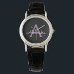 Reloj De Pulsera Morado Black Script Girly Monograma Nombre<br><div class="desc">Reloj de nombres de monograma de escritura simple negro y púrpura. Esto hace que la graduación perfecta, el cumpleaños, el boda, la ducha de novia, el aniversario, la ducha de bebé o la fiesta de soltera sea un regalo para alguien que ama el lujo glam y los estilos de moda....</div>