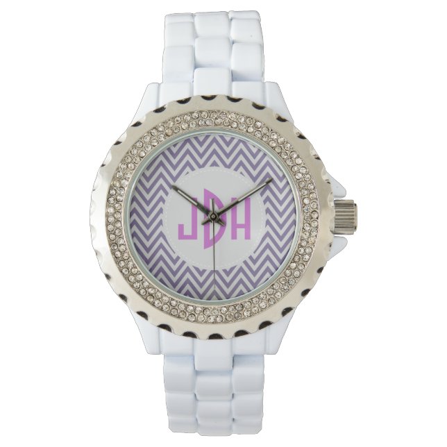 Reloj De Pulsera Morado Chevron Monograma Blanco Esmalte (Anverso)