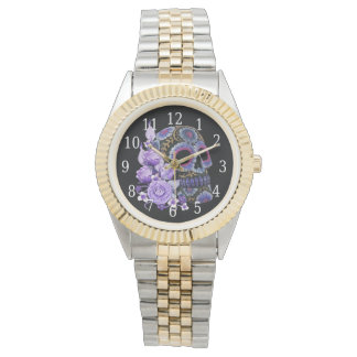 Reloj De Pulsera Morado Floral Black Sugar Skull Día De Los Muertos