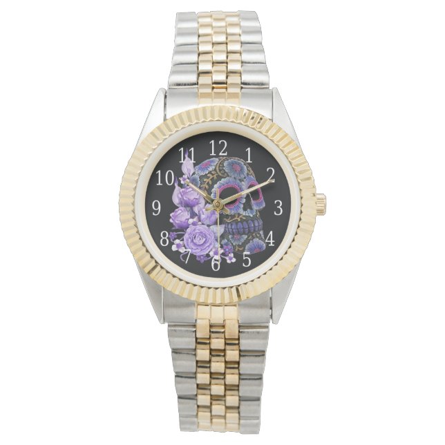 Reloj De Pulsera Morado Floral Black Sugar Skull Día De Los Muertos (Anverso)