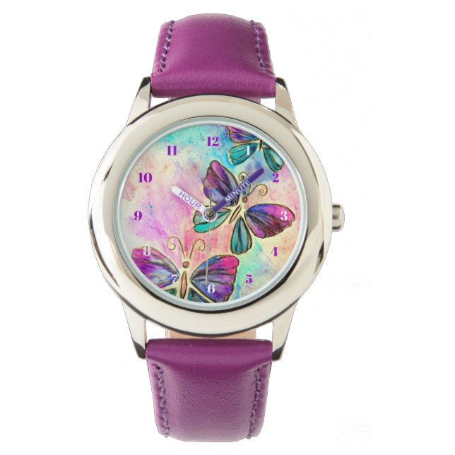 Reloj De Pulsera Morado Pink Flying Butterflies Watch (Anverso)
