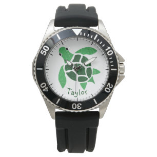 Reloj De Pulsera Mosaico de la tortuga marina verde Jade con nombre