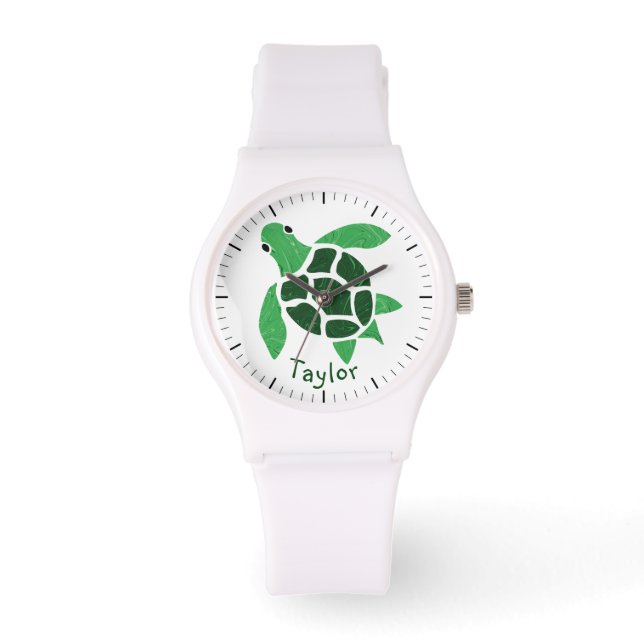 Reloj De Pulsera Mosaico de la tortuga marina verde Jade con nombre (Anverso)