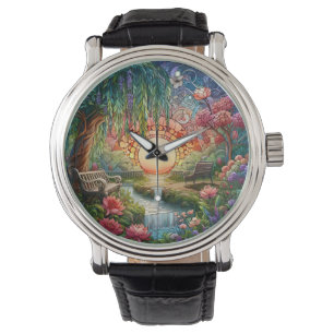Reloj De Pulsera Mosaico de vidrio manchado de parque encantado