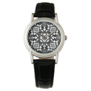 Reloj De Pulsera Mosaico floral marroquí, negro y blanco