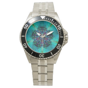RELOJ DE PULSERA MOSAICO FRACTAL AZUL TURQUESA ABSTRACTO