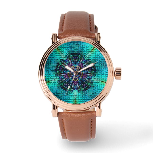 RELOJ DE PULSERA MOSAICO FRACTAL AZUL TURQUESA ABSTRACTO (Anverso)