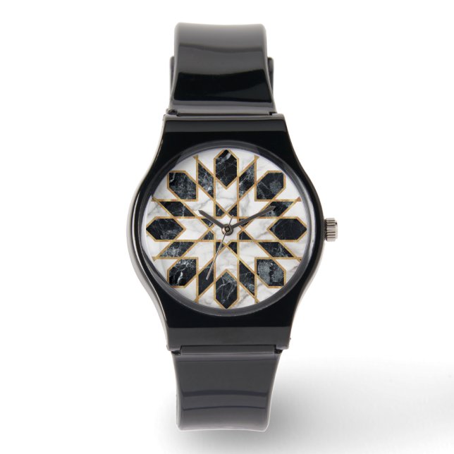 Reloj De Pulsera Mosaico marroquí de mármol blanco y negro (Anverso)