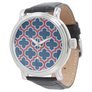 Reloj De Pulsera Mosaicos marroquíes azules y rojos, Entramado, Cua