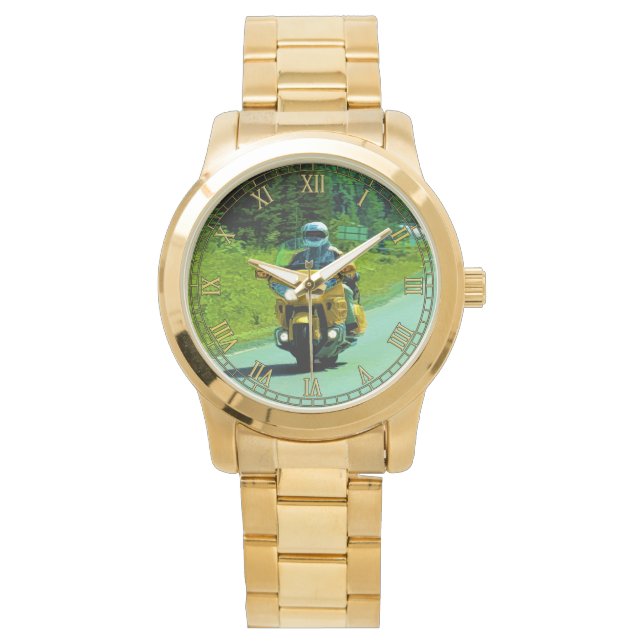 Reloj De Pulsera Motocicleta amarilla en la autopista (Anverso)