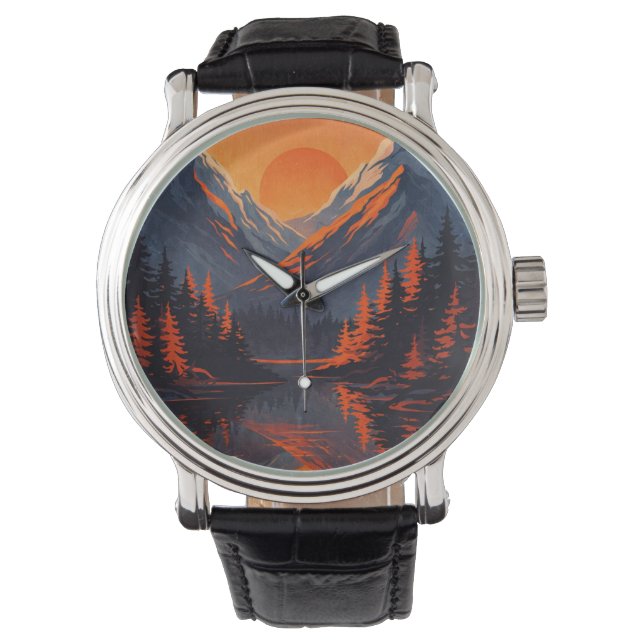 Reloj De Pulsera Mountain Sunset Reflection Fiery Orange Sky  (Anverso)