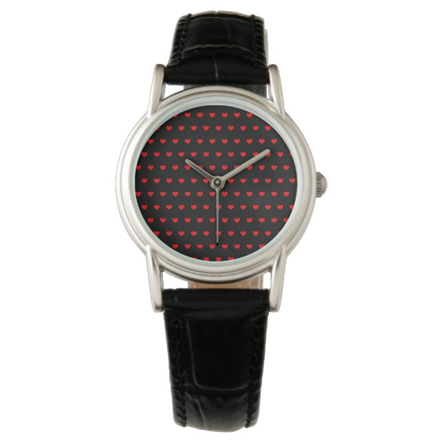 Reloj De Pulsera Muchos Corazones Rojos Sobre Negro (Anverso)