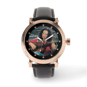 Reloj De Pulsera Mujer Jugando Música Con Guitarra Acústica