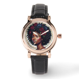 Reloj De Pulsera Mujer Negra Floral Afro Oscuro