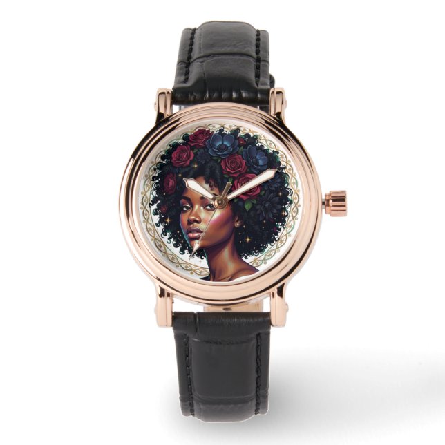 Reloj De Pulsera Mujer Negra Floral Afro Oscuro (Anverso)
