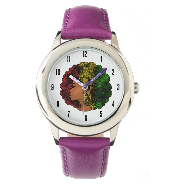 Reloj De Pulsera Mujer negra rasta afro rojo amarillo verde  (Anverso)