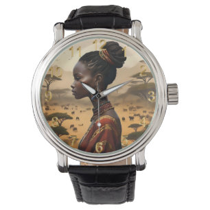 Reloj De Pulsera Mujer Tribal Vigilando Su Paisaje Africano,