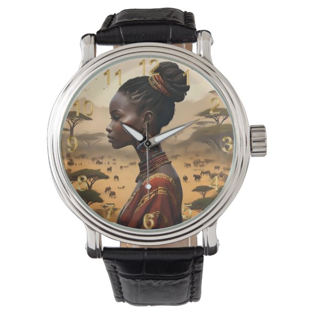 Reloj De Pulsera Mujer Tribal Vigilando Su Paisaje Africano, (Anverso)