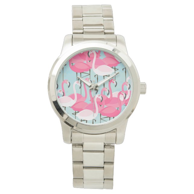 Reloj De Pulsera Multitud Rosa Y Blanca De Flamingos (Anverso)