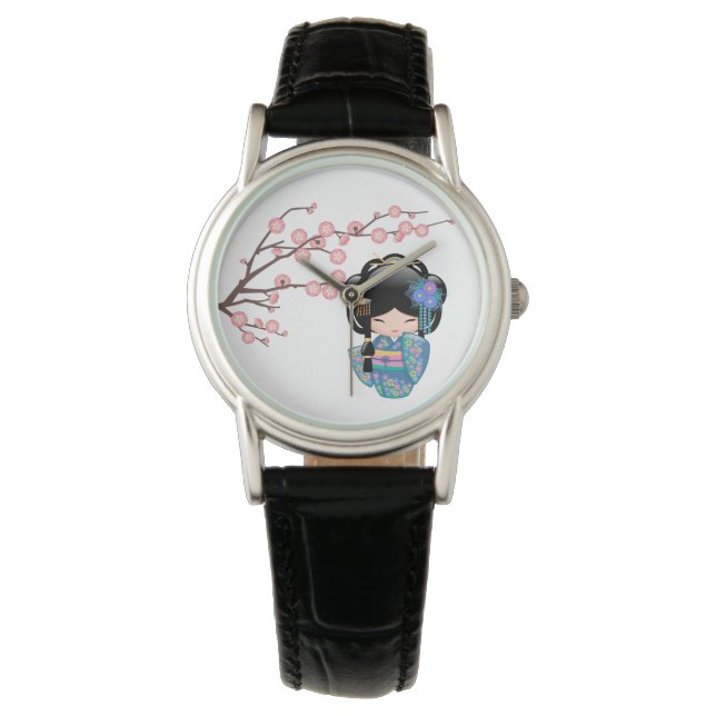 Reloj De Pulsera Muñeca Keiko Kokeshi - Chica de Kimono azul Geisha (Anverso)