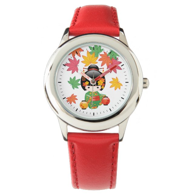 Reloj De Pulsera Muñeca Kokeshi Caída - Chica de Kimono Verde Geish (Anverso)