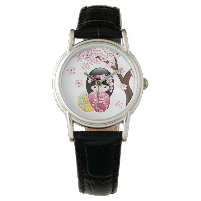 Reloj De Pulsera Muñeca Kokeshi de primavera - Chica Geisha japonés (Anverso)