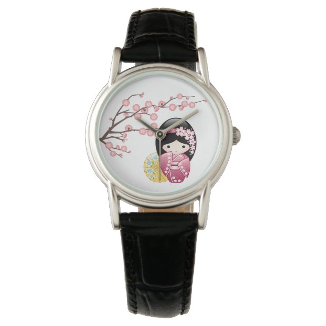 Reloj De Pulsera Muñeca Kokeshi de primavera - Chica Geisha japonés (Anverso)