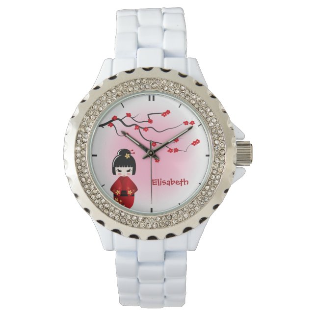 Reloj De Pulsera muñeca kokeshi japonesa en flor sakura nombre (Anverso)