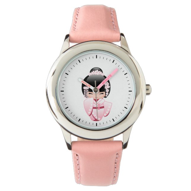 Reloj De Pulsera Muñeca Kokeshi Kimono Rosa Kawaii (Anverso)