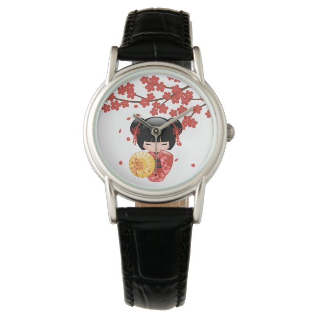 Reloj De Pulsera Muñeca roja Sakura Kokeshi - Chica japonés de geis (Anverso)
