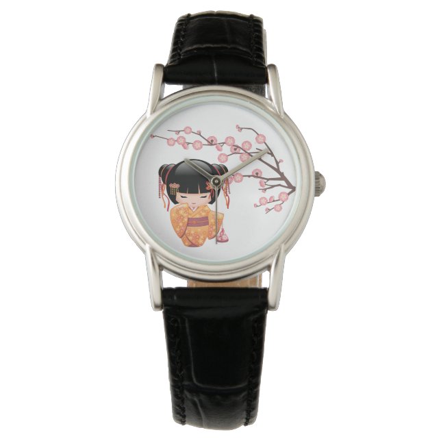 Reloj De Pulsera Muñeca Ume Kokeshi - Chica Peach Kimono Geisha (Anverso)