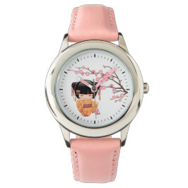 Reloj De Pulsera Muñeca Ume Kokeshi - Chica Peach Kimono Geisha