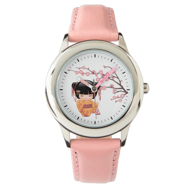 Reloj De Pulsera Muñeca Ume Kokeshi - Chica Peach Kimono Geisha (Anverso)