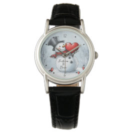 Reloj De Pulsera Muñeco de nieve ofrece amor con un gran corazón ro