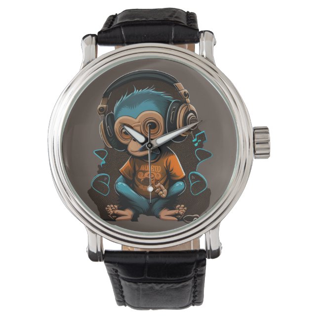 Reloj De Pulsera Música Cute Monkey Escuchando, Música Mono Inmerso (Anverso)