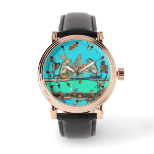 Reloj De Pulsera MÚSICA MEDIEVAL BESTIARIA, conejo, azul perro
