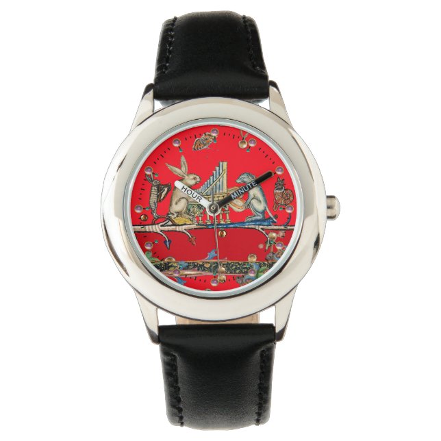 Reloj De Pulsera MÚSICA MEDIEVAL BESTIARIA, conejo, rojo perro (Anverso)