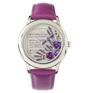 Reloj De Pulsera Música vintage y flores de pansies lavanda